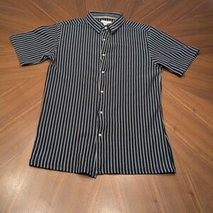 Distortion Button Down Boys Navy Blue Striped Short Sleeve Shirt L 14/16
